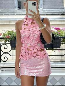 Women's Solid Color Hollow-Out Floral Pattern Irregular Top, Women's Party And Date Slim-Fit Solid Color Floral Top. - Hồng - Xem 1