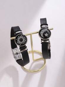 2件套情侣PU皮手链，女士情侣夜光日月结吊坠手链，友谊情侣派对饰品礼物 - 情侶 - 查看 3