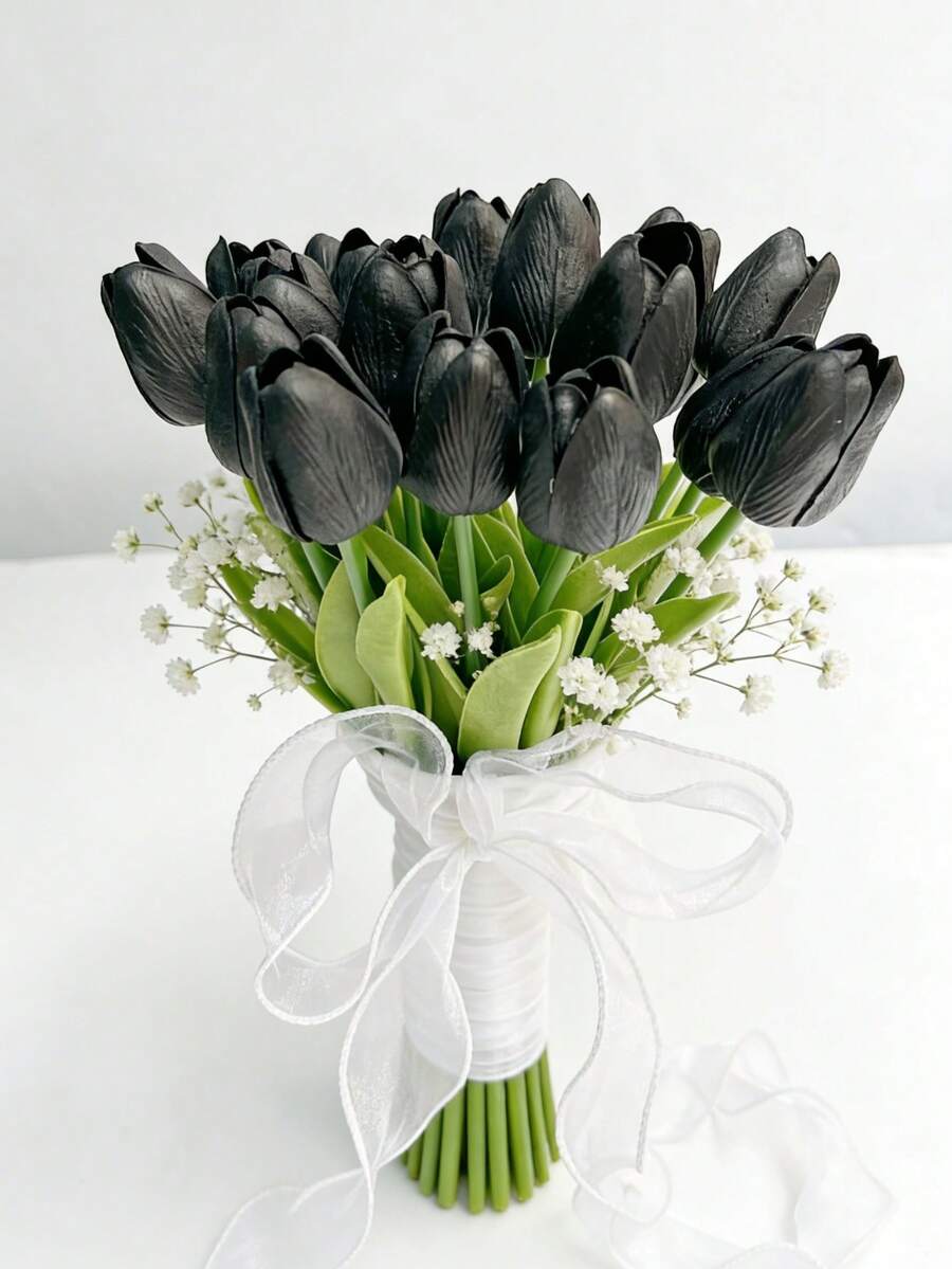 5pcs Romantic Premium Artificial Flowers Centerpieces,Flowers Real Touch Tulips Silk Bouquet, Artificial Flowers For Wedding Room Home Hotel Party Event New Years Gifts Handheld Flower Arrangement For Valentine's Day Wedding/Home/Bedroom/Living Room/Table Decoration/Bride's Bouquet/Outdoor Garden - Black - View 1