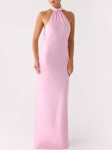 Women Scarf Maxi Dress Silk Halter Neck Tie Up Backless Bodycon Dress Cowl Back Draped Party Wedding Guest Cocktail Dresses With Neck Scarf - 粉色 - 查看 3