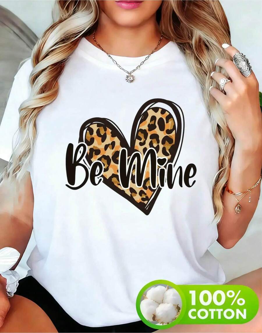 Patrón de Corazón Grande Atractivo, Diseño de Leopardo, Ajuste Cómodo de Tela de Algodón Suave, Lavable a Máquina, Disponible en Múltiples Tamaños (S-XXXXL), Adecuado para Año Nuevo, Nochevieja, Día de San Valentín y Otras Ocasiones, Camiseta Impresa Unisex, Camiseta Impresa Divertida - Blanco - Ver 1