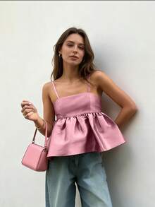 Áo hai dây màu hồng hở lưng, cổ vuông, dây mảnh, viền bèo nhún, thích hợp cho nữ mùa Xuân/Hè 2026, dịp Lễ Tình nhân, Năm mới, Lễ hội, Phong cách đường phố, Sinh nhật, Du lịch, Thường ngày, Kỳ nghỉ, Buổi hòa nhạc, Mùa hè, Mùa xuân. - Hồng - Xem 5