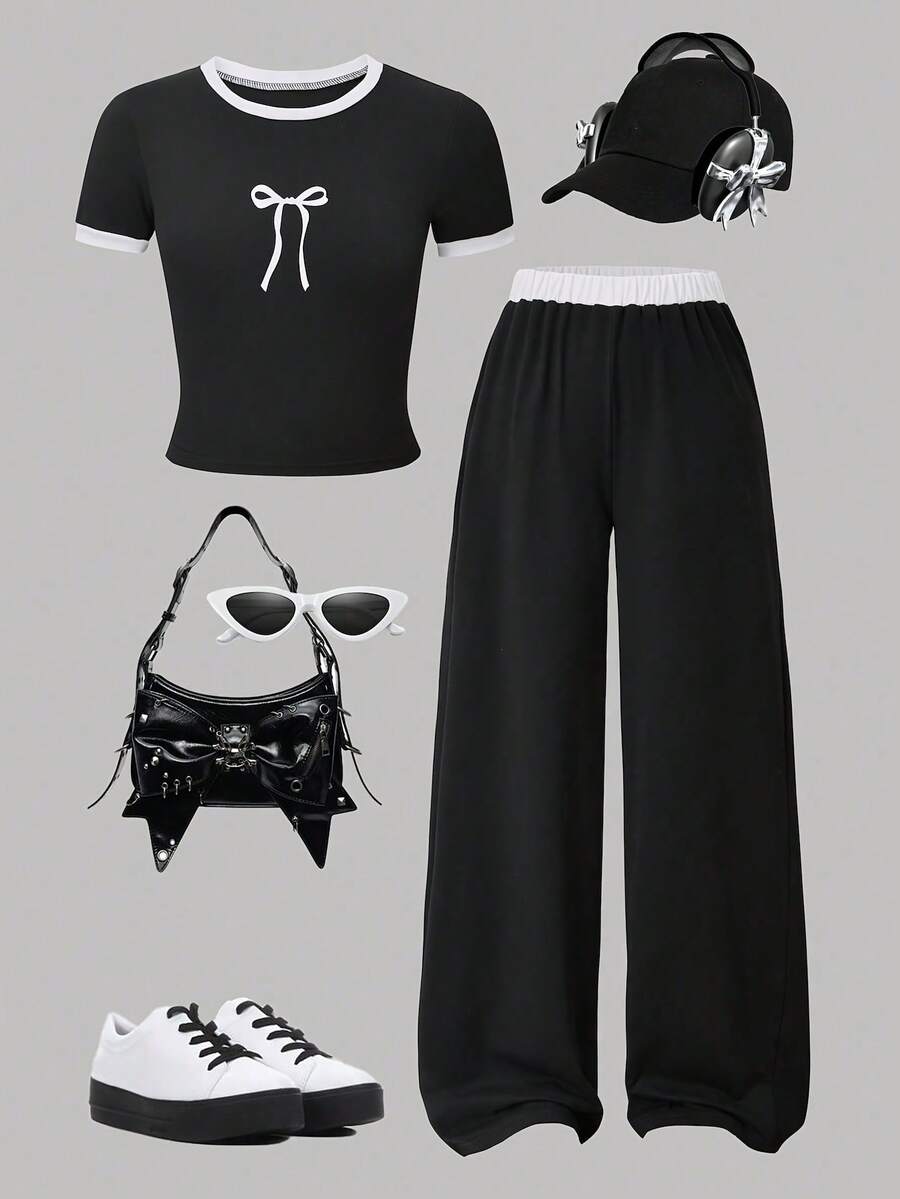 Outfits For Girls - Black Short-Sleeve Top & Wide-Leg Pants Set With White Bow Print, Kpop Inspired Kids Clothes Girls, Perfect Teen Girl Gifts - màu đen - Xem 1