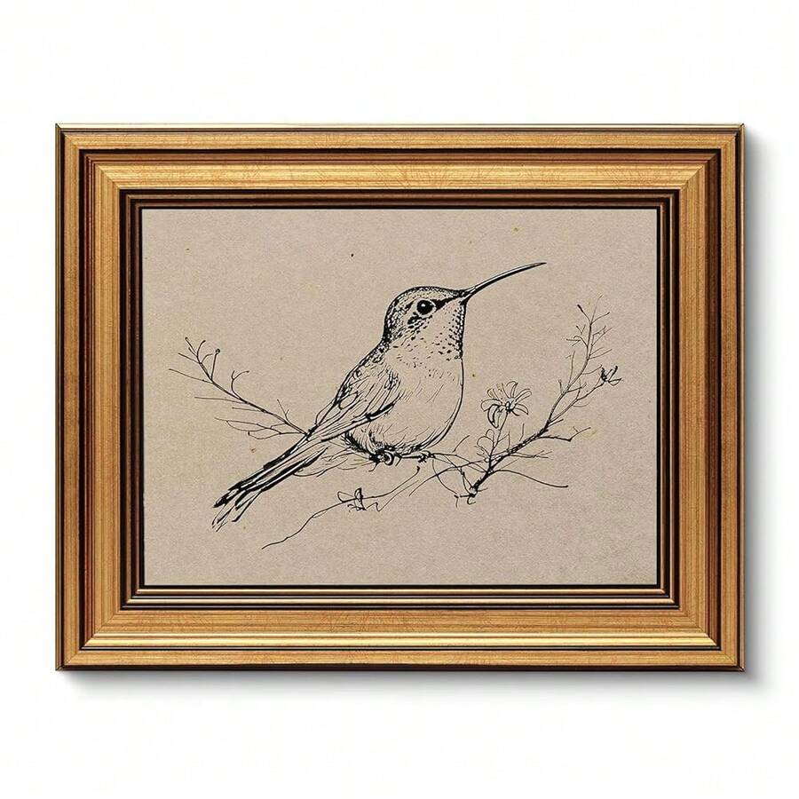 VIYYIEA Vintage Gold Framed Wall Art For Living Room, Hummingbird Canvas Prints Home Decor, Oil Painting Picture, Bedroom Wall Decor Gifts For Friends Or Family -[Resting Hummingbird]-(10L X 8W) - [休息的蜂鳥] - 查看 1