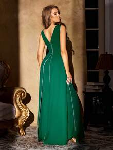 Diamond Chain Decor Deep V-Neck Sleeveless Split Hem High-End Formal Pants - Dark Green - View 2