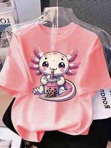 少女卡通印花宽松圆领短袖T恤 - 粉色 - 查看 3