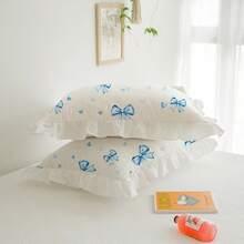 2pcs Set Fresh Floral Ruffle Solid Color Pillowcase, Breathable & Soft, Machine Washable, Suitable For All Seasons, Princess Style Minimalist Floral Pillowcase (Pillow Insert Not Included), Soft & Skin-Friendly For Student Dorm, Bedroom, Hotel - Blue and White - View 3