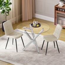 Silver-legged Glass Table + 2 Beige PU Chairs