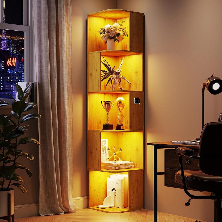 HWB 5-Tier Corner Bookshelf With LED Sensor Lights (5-Tier-Wood) - 木頭 - 查看 1