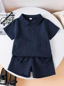 2pcs/Set Young BoySummer Solid Color Polo Shirt And Shorts Set, Casual For Vacation, School, 4-7Y - Navy Blue - View 1