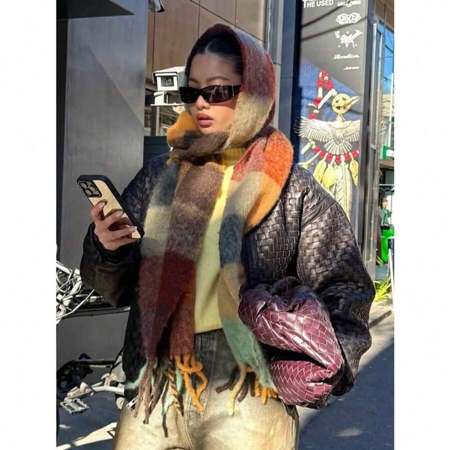 1pc Leopard Print Autumn/Winter Fashion Striped Plaid Fleece Warm Women Boucle Deep Brown Wool Thick Scarf, Warm Acrylic Scarf Like Cashmere, Bohemian Casual Windproof Couple Shawl, Comfortable Blanket Scarf, Suitable For Daily Wear For Dress - 彩色 - 查看 1