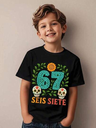 Nuevo modelo 2026Young boy's athletic short-sleeved shirt, sweatshirt, T-shirt T-Shirt con Diseo Colorido 'SEIS SIETE' - Camiseta Casual de Algodón Negro para Nio, Con Números Turquesa y Calaveras Decorativas, Ideal para Uso Diario y Ocasiones Especiales - Regalo Perfecto para Cumpleaos y Celebraciones Perfect gift cartoon T-shirts for toddlers,clothing for teenage boys and girls,soft and breathable children's clothing. regalos navideños