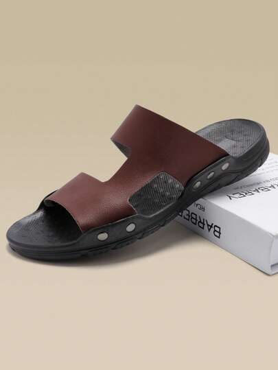 Brown Retro Fashion Faux Leather Men's Sandals, Non-Slip, Wear-Resistant, Breathable, Odor-Resistant, Comfortable For Long Walking, Outdoor Casual Versatile Daily Commute And Shopping Slippers