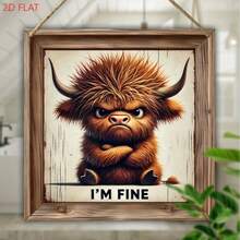 [Rustic Wooden Sign] Rustic 2D Flat Highland Cow Wooden Sign, "I'M Fine" Humorous Wall Art - Garden Decor, Hanging Wood Frame, No Power Needed - For Home, Patio, Room, Thanksgiving, Valentine's, Spring - Multicolor - View 5