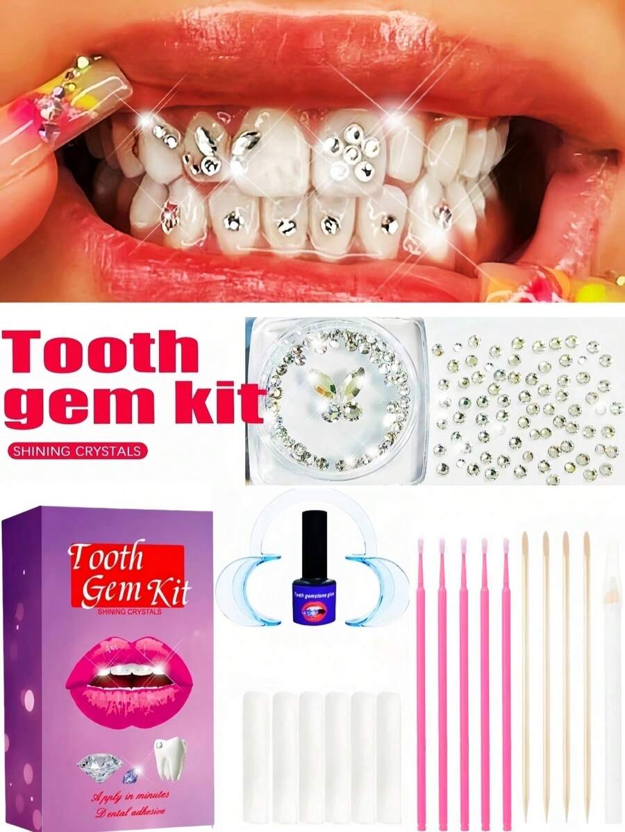 220pcs Self-Adhesive Tooth Gems Kit, Fashion Tooth Jewelry, Crystal Rhinestone Decals, Shiny White Tooth Decorations, Butterfly Flat Diamonds, Dental Beauty Materials Set, European And American Hip-Hop Goth Y2K Style, With All Tools Included - Tooth Jewelry Set - View 1