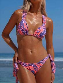 女士春夏波西米亚风佩斯利印花系带露背比基尼套装，树叶图案印花，波西米亚风可爱露背系带沙滩装，适合海滩、复活节、圣帕特里克节、外出、毕业典礼等场合，优雅时尚 - 彩色 - 查看 2