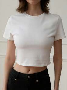 女士夏季新款简约纯棉短袖T恤，修身短款休闲圆领打底衫 - 白色 - 查看 2
