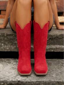 Women's Suede Embroidered Western Ankle Boots With Block Heel - 紅色 - 查看 3