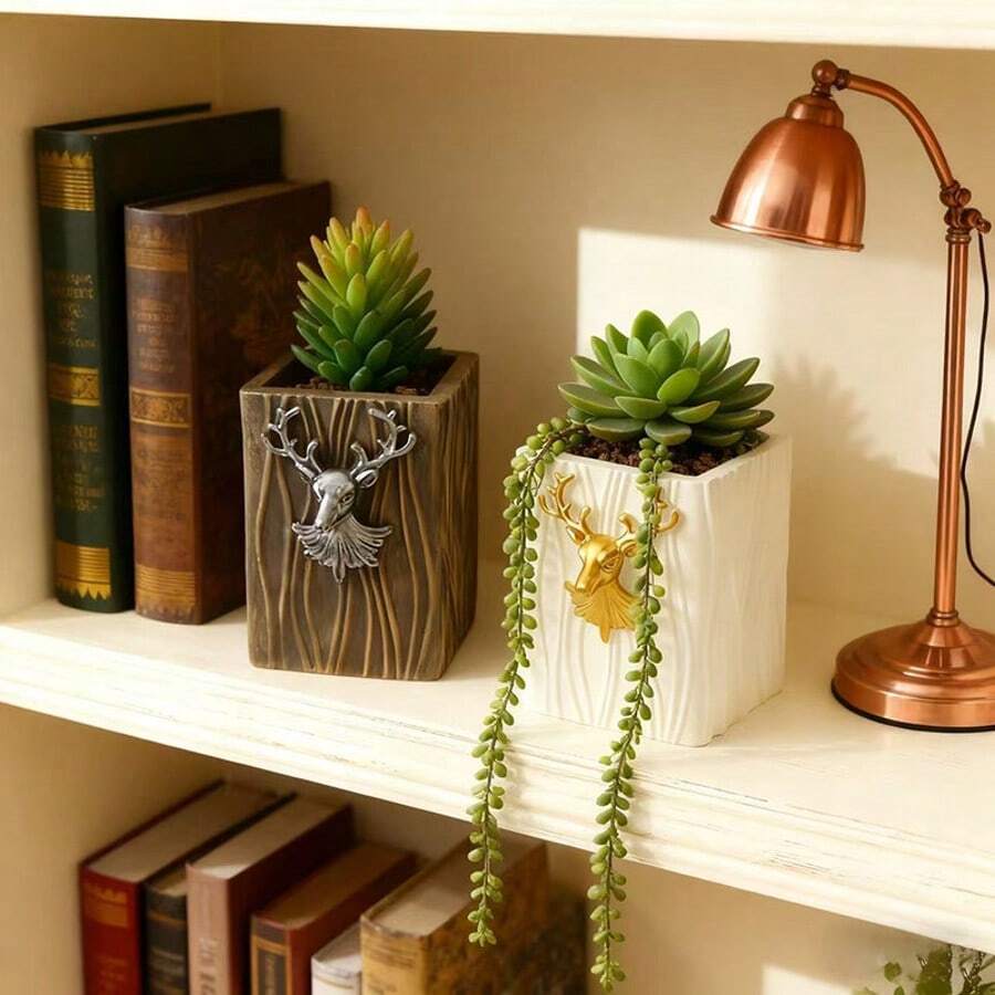 1个创意驯鹿造型多肉植物花盆，适合客厅、阳台、办公桌装饰 - 乔迁新居礼物 - 鹿頭花盆 - 查看 1