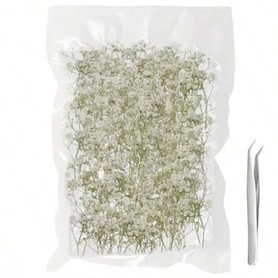 130pcs Dried Pressed Baby Breath Flowers Artificial With Tweezer Real Nature Gypsophila Dried Flowers For Resin Art Crafts DIY Card Making Wedding Card Cakes White
