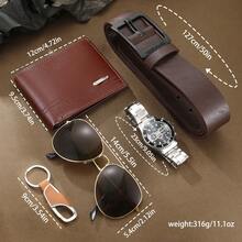 5pcs Men's Watch Set Luxury Gift Box - Brown Leather Wallet + Business Wristwatch + Pilot Style Sunglasses + Belt + Keychain, Ideal Gift For Boyfriend, Husband, Father On Valentine's Day, Father's Day, New Year - Silver - View 4