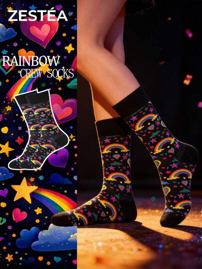 レインボーテーマ (レインボー&スター/ハートパターン) カラフルな女性用カートゥーン柄コントラストカラー吸汗消臭ソフト快適面白いボートソックス1ペア、男女/パーティー好きへのおもしろプレゼント、誕生日/プライド/クリスマス/テーマパーティーに最適、秋冬のカジュアルソックスとしても快適