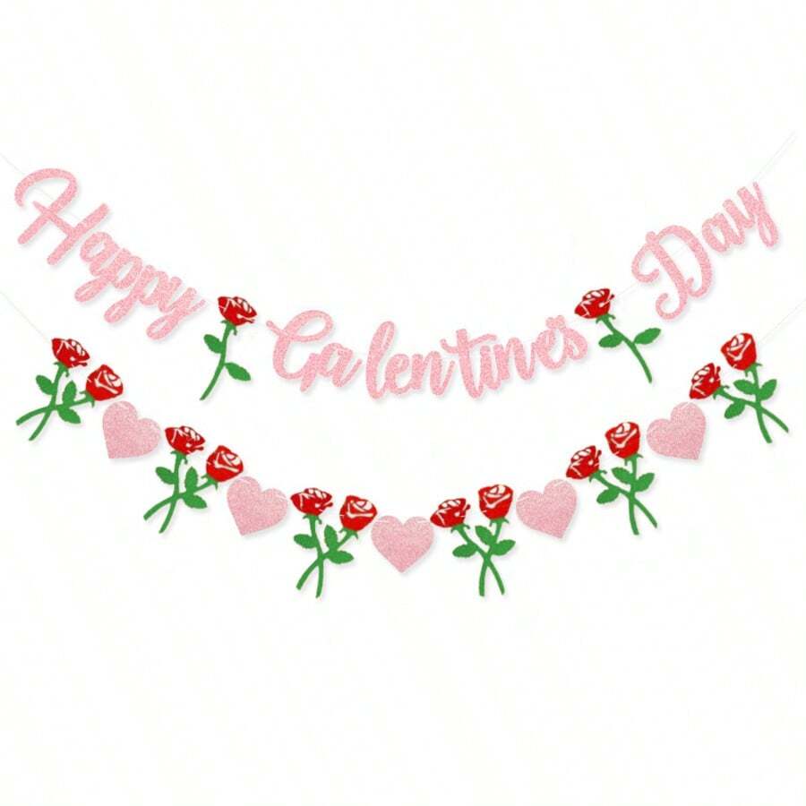 Pancarta de Feliz Día de las Amigas, guirnalda colgante de papel glitter rosa con rosa roja y corazón, para decoraciones de fiesta de noche de chicas, celebración de femenina, telón de fondo para fotos, suministros de decoración para fiestas en casa - Multicolor - Ver 1