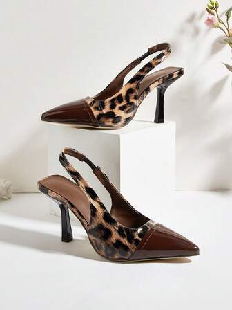 酒红色亮面拼接豹纹尖头细高跟女式礼服鞋，适合日常穿着、宴会、派对等场合。