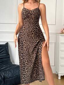 Women's Soft Leopard Print Backless Sexy Lingerie Nightgown - Maroon - View 3