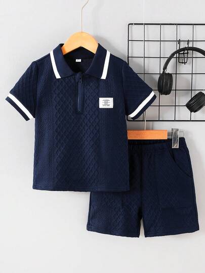 2pcs/Set Young Boy Casual Striped Jacquard Applique Ribbed Short Sleeve Polo T-Shirt And Shorts Set, Suitable For Summer Casual Outings