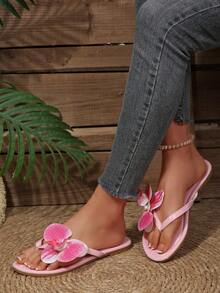 2025新款加大码夏季韩版时尚蝴蝶兰欧式人造花装饰平底人字拖，休闲创意凉鞋，仙女风度假拖鞋，简约性感小众百搭沙滩度假凉鞋