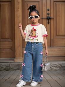 Toddler Girls' Contrast Cuff Short Sleeve Top And Bow Denim Pants - Apricot - View 1