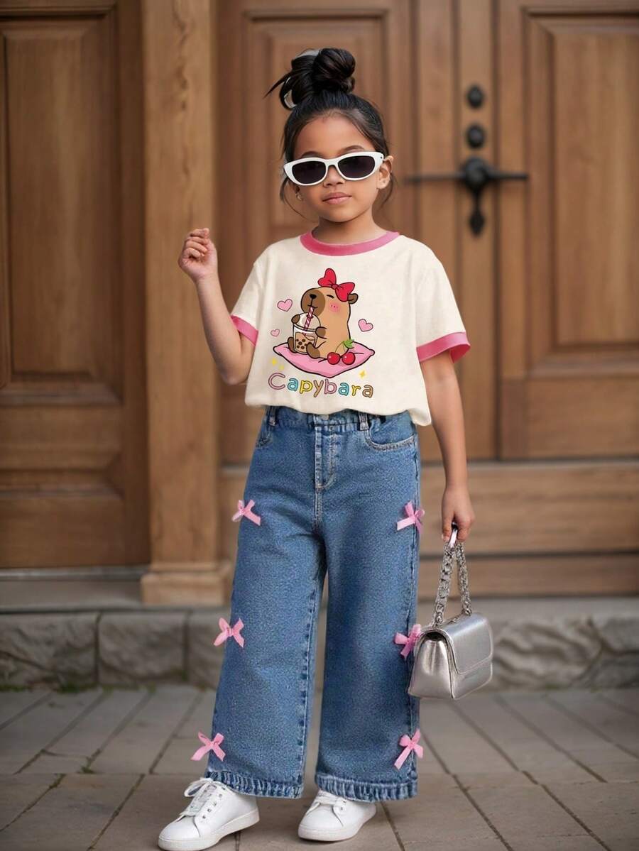 Toddler Girls' Contrast Cuff Short Sleeve Top And Bow Denim Pants - Apricot - View 1