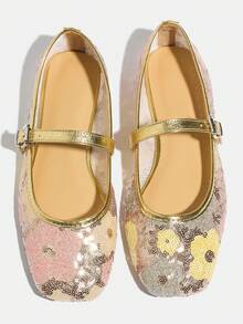 Zapatos Mary Jane planos con lentejuelas y hebilla de oro, de moda y talla grande para mujeres. Diseño floral calado, cómodos para ir al trabajo y de vacaciones. Nuevos para el verano - Dorado - Ver 7