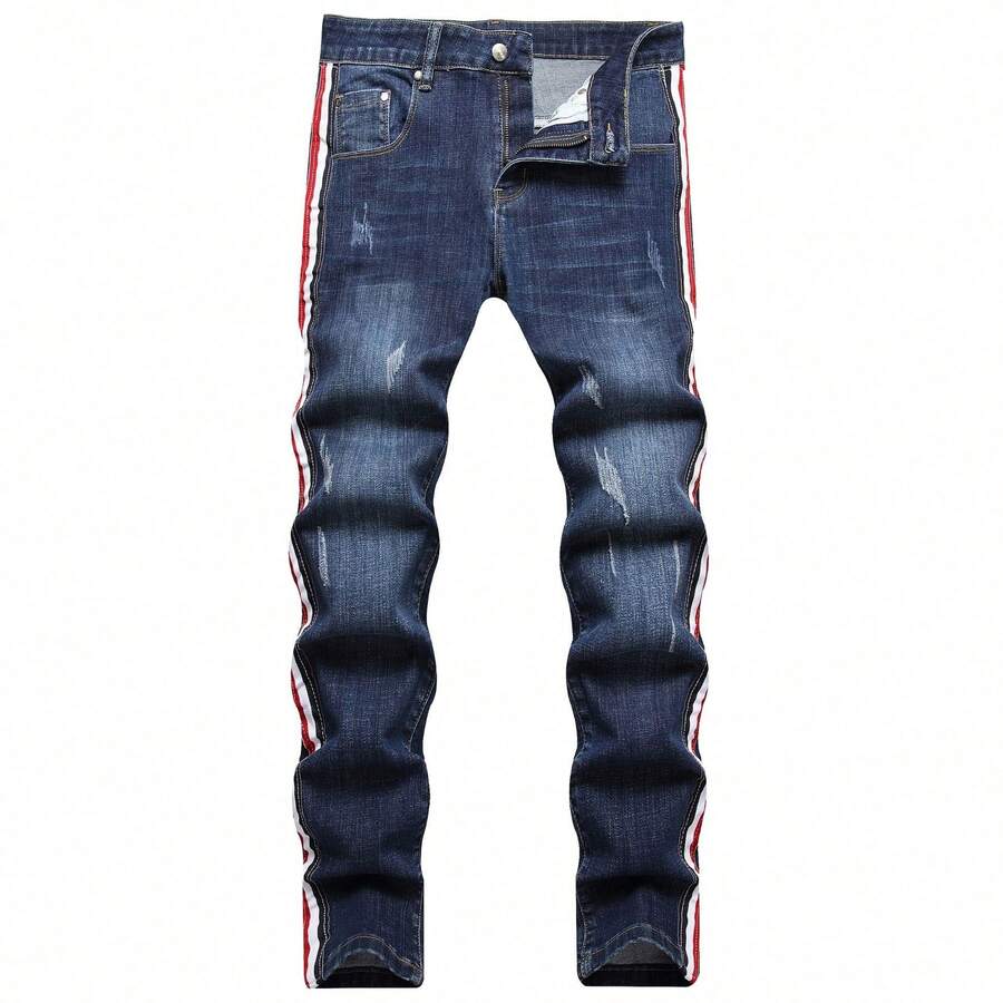 Nuevos jeans street side rojo blanco tirantes cintura media juvenil tiro casual algodón regular pantalones lavados azul jeans para hombres - 7163# - Ver 1