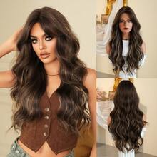 7JHH WIGS Dark Brown Mix Blonde Highlights Wig Long Loose Wavy Wig Middle Part With Curtain Bangs Natural Looking Synthetic Heat Resistant Fiber Hair Wigs For Women Daily Party Rave Use 26 Inch - Làm nổi bật tóc vàng - Xem 12