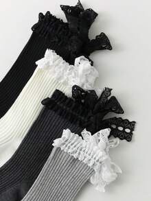 1双日式甜美蕾丝边饰长袜，蝴蝶结系带纯色芭蕾长袜，女士款 - 彩色 - 查看 3