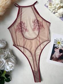 Women's Sheer Floral Embroidered Teddy Bear Camisole Backless Jumpsuit - Burgundy - View 2
