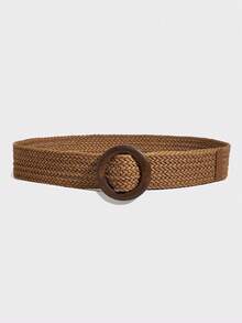 1pc Bohemian Women's Belt, Western Belts, BOHO Vacation Brown Round Wooden Buckle Woven PP Straw Belt To Match Skirts And Pants, Party, Holiday Gift, Daily Commute, Beach Vacation, Beach Accessories For Women, Back To School - Brown - View 3