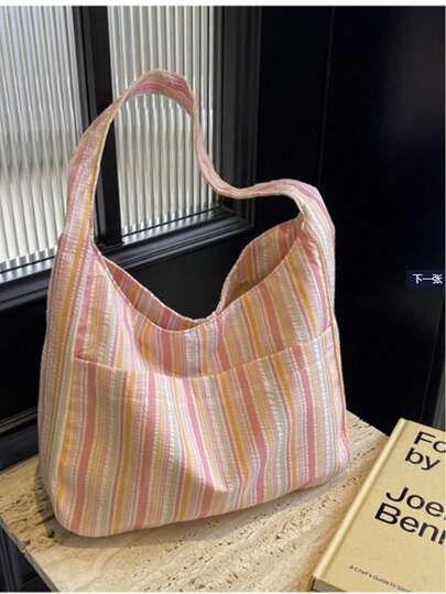 Back To School Large Capacity Women's Shoulder Bag, Casual Versatile Striped Canvas Tote Bag, Korean Style College Student Backpack