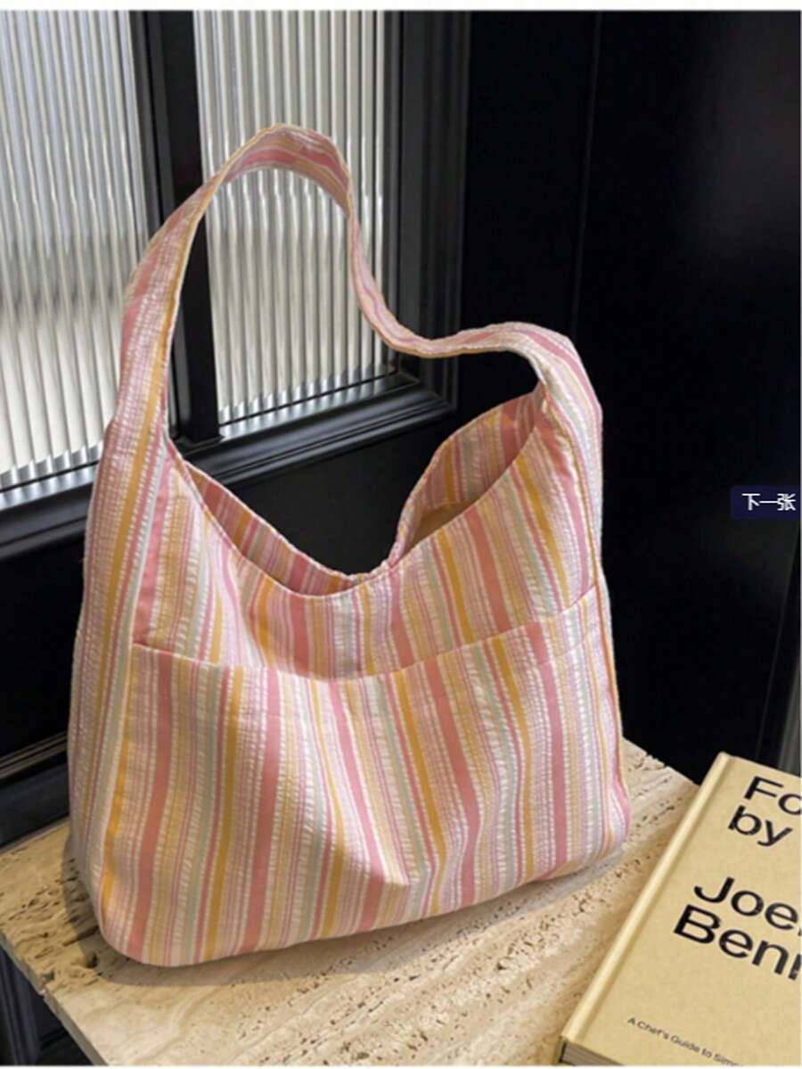 Túi đeo vai nữ dung tích lớn, kiểu dáng thường ngày, họa tiết sọc, chất liệu vải canvas, thích hợp cho học sinh. Ba lô phong cách Hàn Quốc dành cho sinh viên. - Hồng - Xem 1