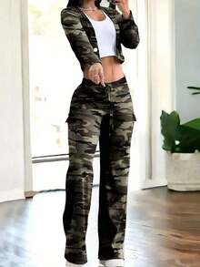 2 Piece Set : Women's Fashion Black Geometric Print Long Sleeve Crop Top & Cargo Pants |   V-Neck Button-Up Top Pants With Drawstring Waist |   Casual Y2K Style Spring Winter Clothes, Vacation New Years Valentine Outfits For Women - 軍綠色 - 查看 2