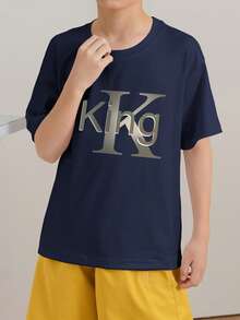 Boys & Teens Casual Printed Crew Neck Short Sleeve T-Shirt, Summer Top - Navy Blue - View 2