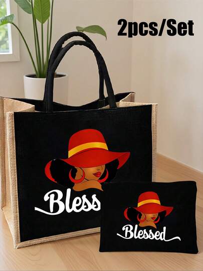 两件套简约印花亚麻手提包 - 防水，饰有红色印花帽子和美丽女孩图案，轻便可折叠收纳袋，便携式购物袋，配备带拉链的化妆包、洗衣袋、零钱包或铅笔盒，适合通勤、购物、旅行、海滩等场合，易于清洁面料，是生日、新年、情人节、斋月礼物的完美之选。