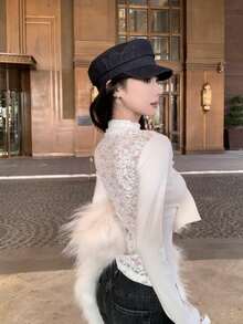 Cute Girl Bowknot Lace Patchwork Long Sleeve Top, 2026 Women's Spring New Sexy Slim Fit Waist Turtleneck Undershirt - Milky White - View 3