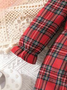 Baby Girl Cute Retro Chic Spring Autumn Thin Checkered Christmas Bow Decor Red Jumpsuit With Headband Set - Red - View 5