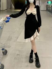 فستان طويل الأكمام بلون أسود غير منتظم، أكمام منتفخة مكسرة الحافة، فستان ضيق مشدود الخصر، مناسب للتصوير الفوتوغرافي والتخرج والحفلات والمواعيد وعيد الحب - متعدد الألوان - مشاهدة 10