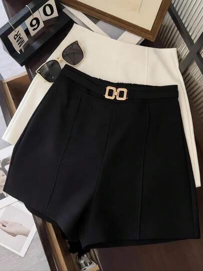 Freerorm Women's Business Casual Shorts, High Waist Metal Decor A-Line Wide Leg Flattering Shorts