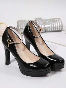 Women Pumps Shoes Platform Chunky Block Heel Close Toe Shoe Ankle Strap Party Dress Heels - màu đen - Xem 2