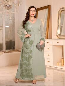 Đầm dài tay cổ chữ V cỡ lớn dành cho nữ, màu xanh lá cây nhạt, thắt eo và xòe rộng, trang trí bằng họa tiết thêu và ruy băng, kiểu dáng thanh lịch mùa xuân. - Màu xanh Bạc hà - Xem 3